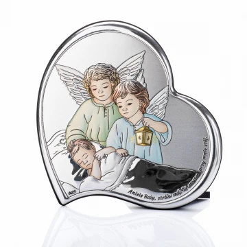 Obrazek srebrny Aniołki z latarenką nad dzieckiem 11x11 cm - Serce - DS24/2C