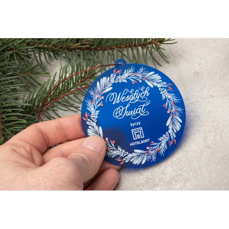 Bombki choinkowe z niebieskiej plexi frost - wym. 80x84mm - dowolny nadruk - BDR039
