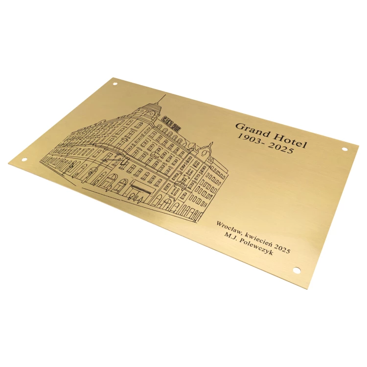 Szyld z mosiądzu z grawerem - mosiądz szczotkowany i lakierowany druk UV - wym. 300x500 mm - TAB697