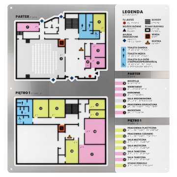 Plan tyflograficzny z pismem Braille'a - tworzywo ADA, 3D doming, laminat i akryl - wym. 750x785 mm - TAB695