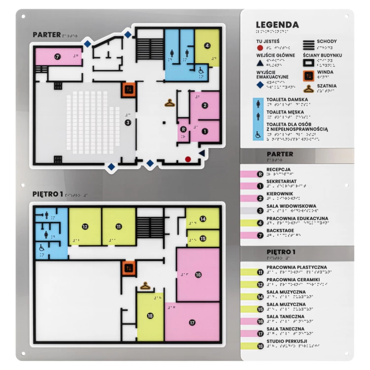 Plan tyflograficzny z pismem Braille'a - tworzywo ADA, 3D doming, laminat i akryl - wym. 750x785 mm - TAB695