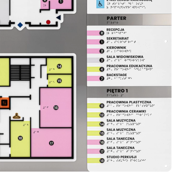Plan tyflograficzny z pismem Braille'a - tworzywo ADA, 3D doming, laminat i akryl - wym. 750x785 mm - TAB695