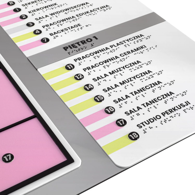 Plan tyflograficzny z pismem Braille'a - tworzywo ADA, 3D doming, laminat i akryl - wym. 750x785 mm - TAB695