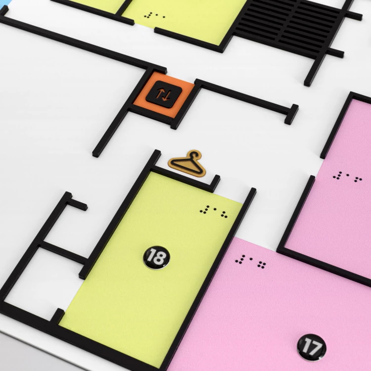 Plan tyflograficzny z pismem Braille'a - tworzywo ADA, 3D doming, laminat i akryl - wym. 750x785 mm - TAB695