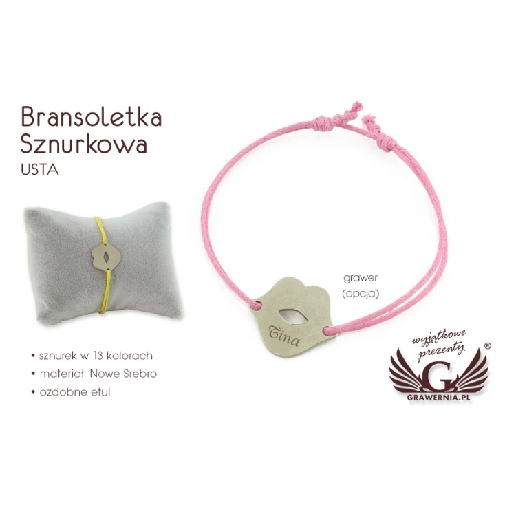 Bransoletka sznurkowa USTA - Nowe Srebro - BNS009