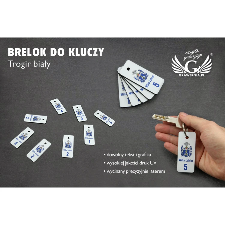 Brelok do kluczy - TROGIR biały z nadrukiem UV z Twoją dowolną grafiką