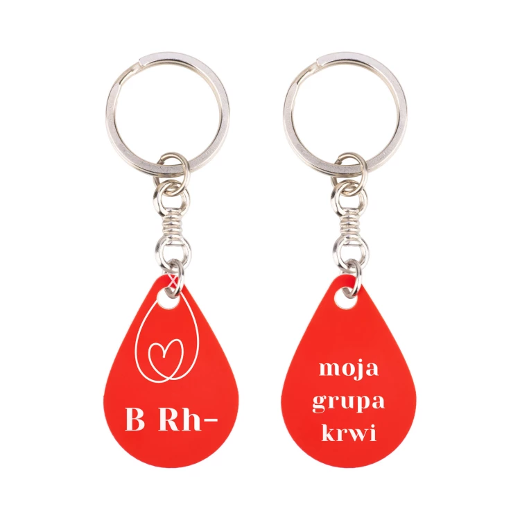 Brelok do kluczy z Twoją grupą krwi  - czerwony laminat grawerski -  wym. 25x36mm - BRL032