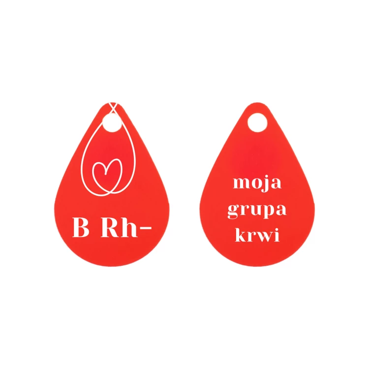 Brelok do kluczy z Twoją grupą krwi  - czerwony laminat grawerski -  wym. 25x36mm - BRL032