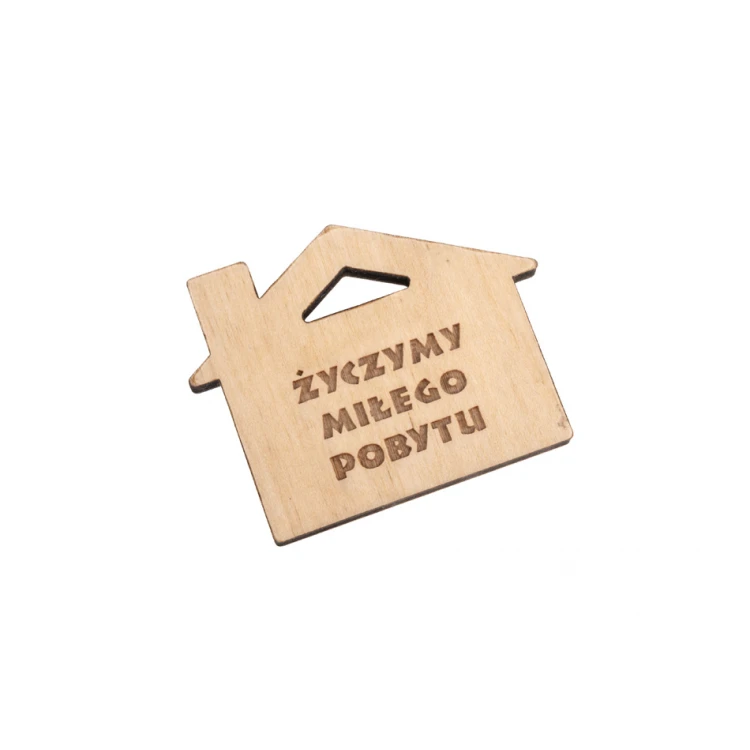 Brelok drewniany domek z kominem 6 - kolor naturalny - wym. 55x43mm - BD079