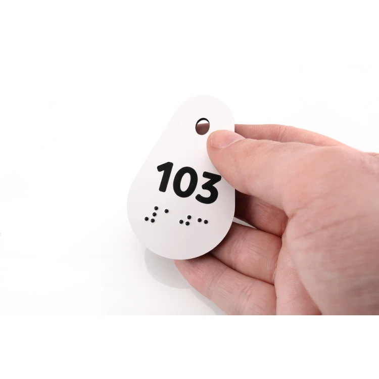 Breloki do kluczy z pismem Braille'a - biały laminat 3mm - Avila - 67x42mm - BP146