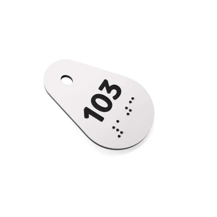 Breloki do kluczy z pismem Braille'a - biały laminat 3mm - Avila - 67x42mm - BP146