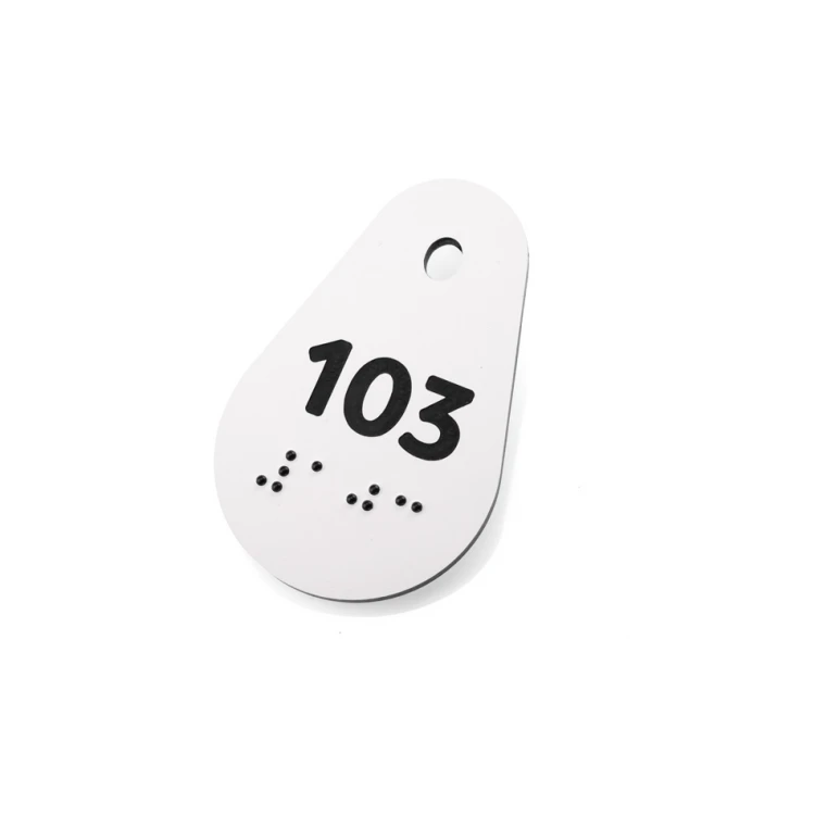 Breloki do kluczy z pismem Braille'a - biały laminat 3mm - Avila - 67x42mm - BP146