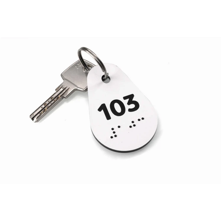 Breloki do kluczy z pismem Braille'a - biały laminat 3mm - Avila - 67x42mm - BP146