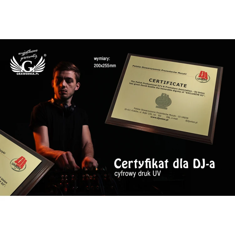 Certyfikat dla DJ-a MD154  wym. 25,5x20cm - kolorowy druk UV - DUV024