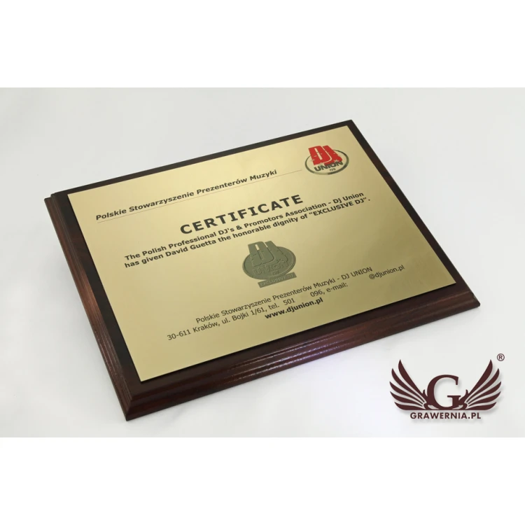 Certyfikat dla DJ-a MD154  wym. 25,5x20cm - kolorowy druk UV - DUV024
