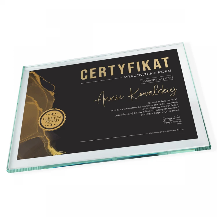 Certyfikat szklany - Pracownik Roku - poziomy - kolorowy druk UV - DUV070