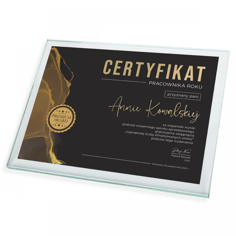 Certyfikat szklany - Pracownik Roku - poziomy - kolorowy druk UV - DUV070