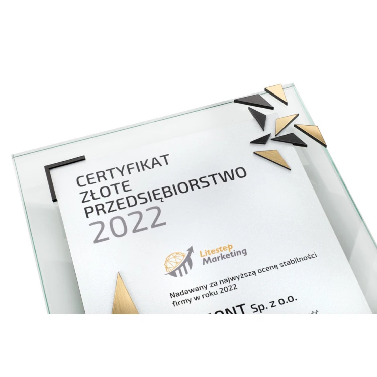 Certyfikat szklany - Złote przedsiębiorstwo - pionowy - kolorowy druk UV - DUV078