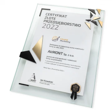 Certyfikat szklany - Złote przedsiębiorstwo - pionowy - kolorowy druk UV - DUV078