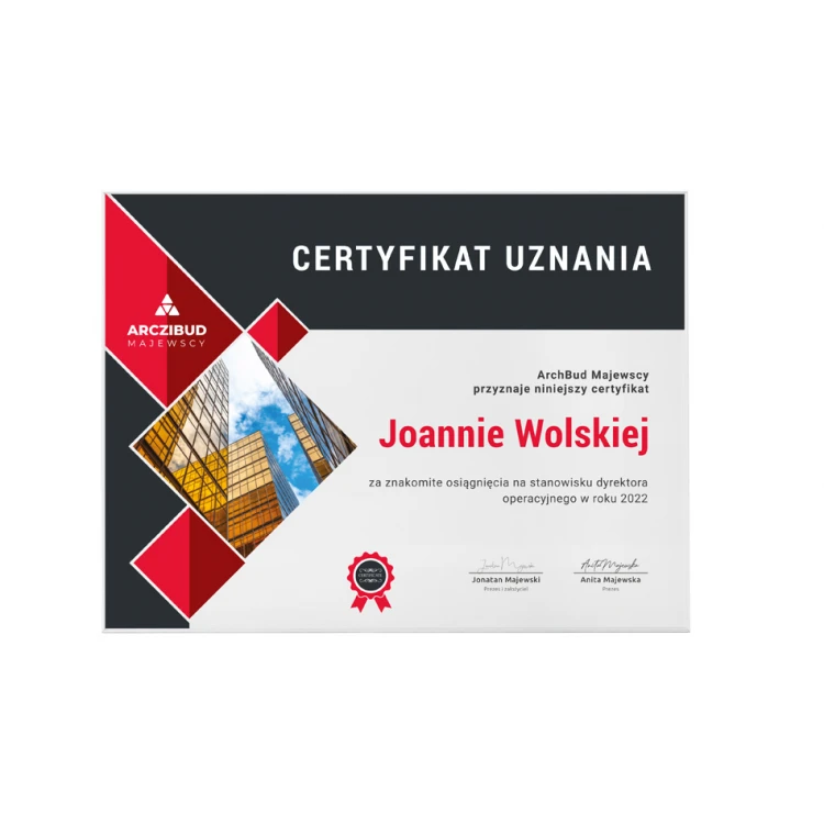 Certyfikat uznania exclusive white glass - wymiary: 400x300mm - DUV066