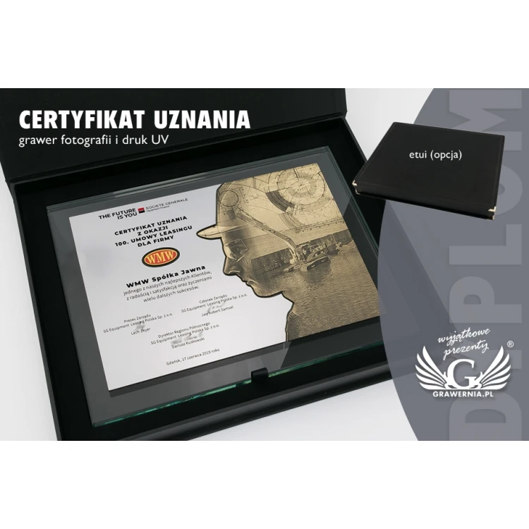 Certyfikat uznania - poziomy - grawer i druk UV  - DUV038