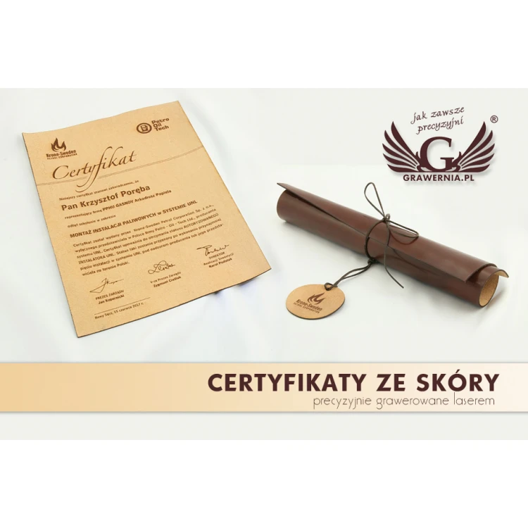 Certyfikat ze skóry wiązany rzemykiem - DSK005