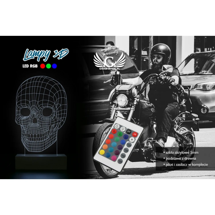 Czaszka - Lampa 3D LED RGB sterowana z pilota - L3D016