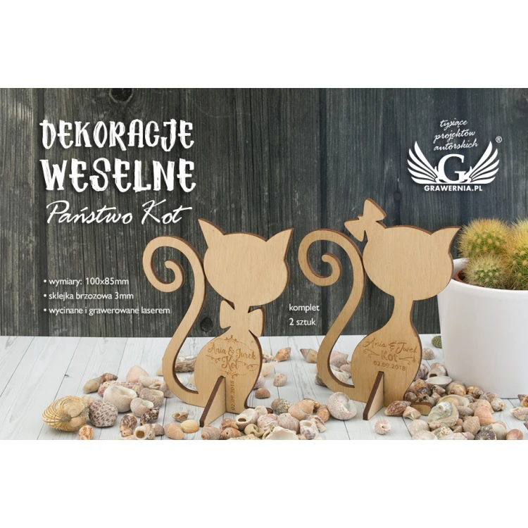 Dekoracje na stół weselny - Państwo Kot - grawerowane laserem - DEK007