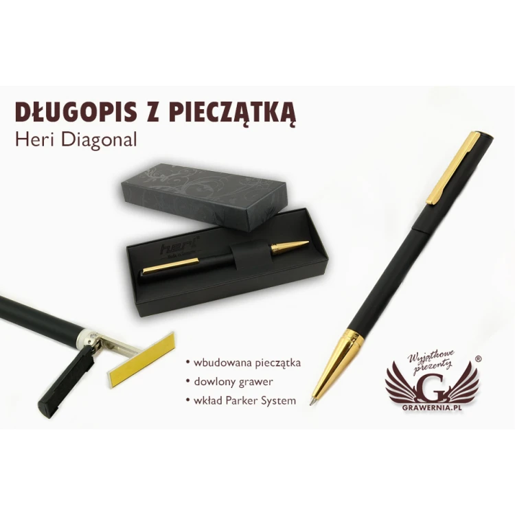 Długopis z pieczątką HERI DIAGONAL czarno-złoty mat w etui (model 3020)  