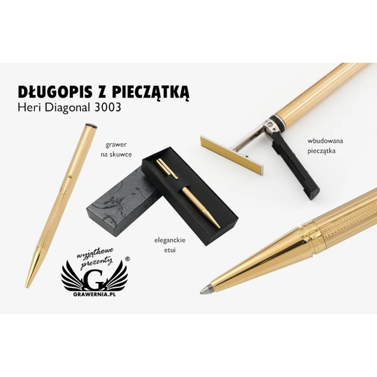 Długopis z pieczątką HERI DIAGONAL 3003 - złoty w etui - HER014