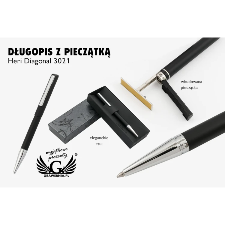 Długopis z pieczątką HERI DIAGONAL 3021 - czarno-srebrny w etui - HER015