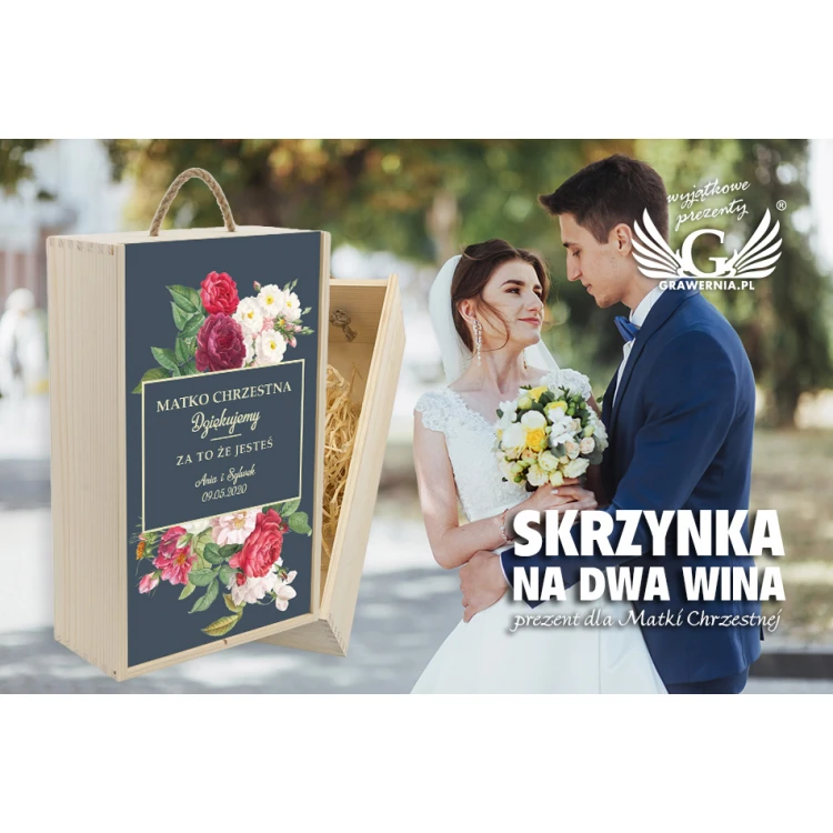 Drewniana skrzynka na dwie butelki wina - prezent dla rodziców chrzestnych - SK045
