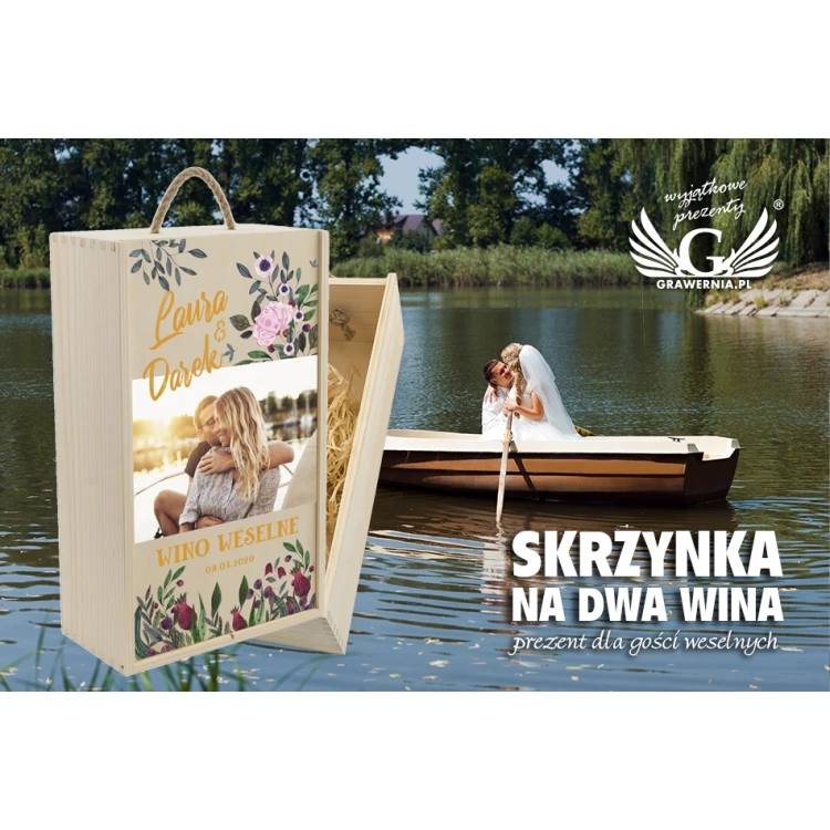 Drewniana skrzynka na dwie butelki wina - prezent dla gości weselnych - SK046