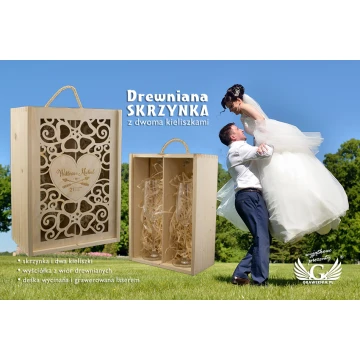 Drewniana skrzynka z kieliszkami dla Pary Młodej - SK22
