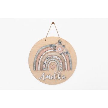 Drewniana tabliczka z imieniem dziecka - Tęcza 6 - średnica 290mm - NAP043