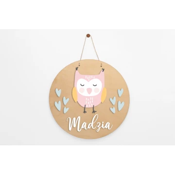 Drewniana tabliczka z imieniem dziecka - Sowa - średnica 290mm - NAP047