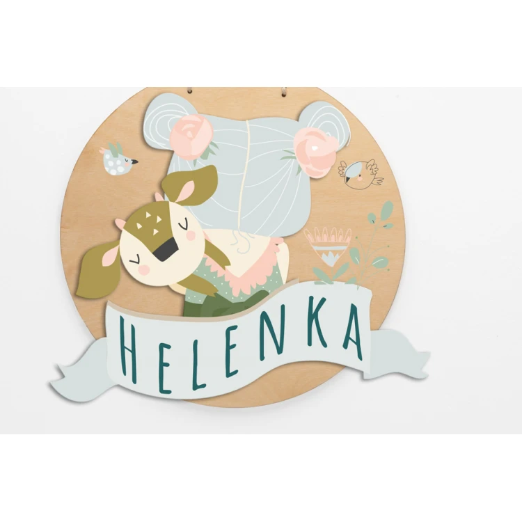 Drewniana tabliczka z imieniem dziecka - Sarenka - średnica 290mm - NAP048