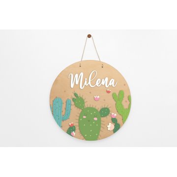 Drewniana tabliczka z imieniem dziecka - Kaktusy - średnica 290mm - NAP053