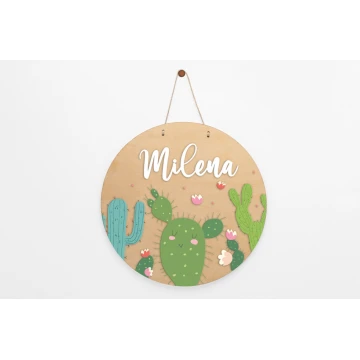 Drewniana tabliczka z imieniem dziecka - Kaktusy - średnica 290mm - NAP053
