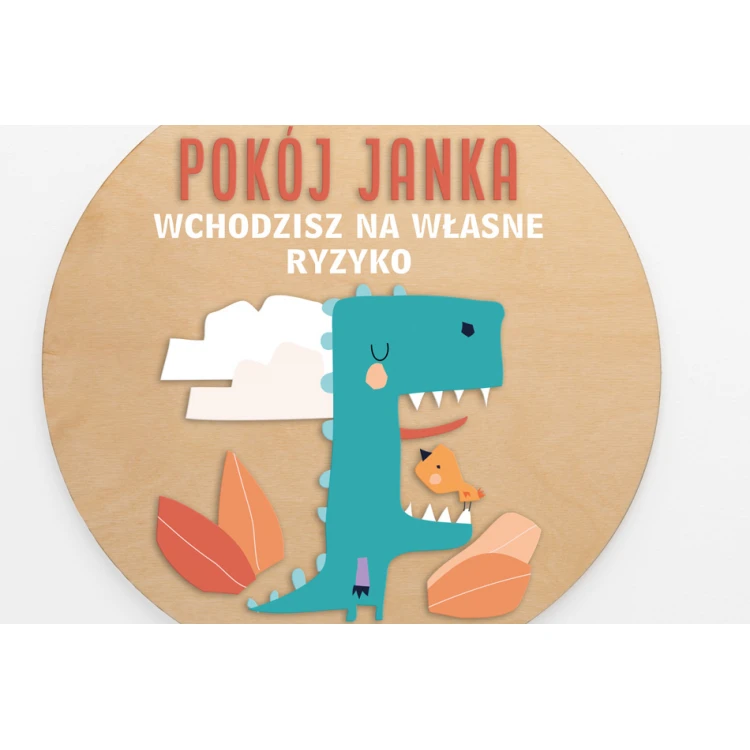 Drewniana tabliczka z imieniem dziecka - Smok - średnica 290mm - NAP058