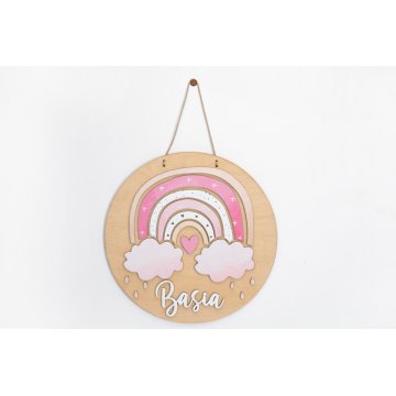 Drewniana tabliczka z imieniem dziecka - Tęcza 9 - średnica 290mm - NAP060