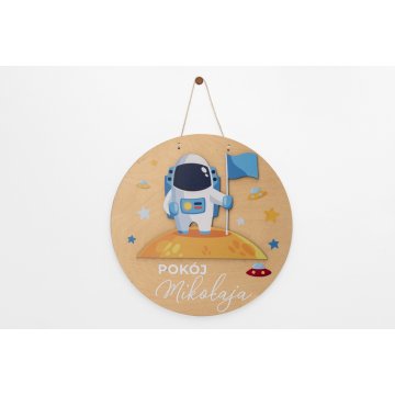 Drewniana tabliczka z imieniem dziecka - Astronauta - średnica 290mm - NAP036