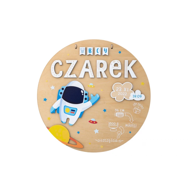 Drewniana tabliczka z imieniem dziecka i metryczką - Astronauta - średnica 290mm - NAP073