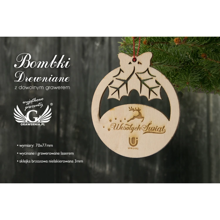 Drewniane bombki choinkowe - wym. 70x77mm - dowolny grawer - BDR014