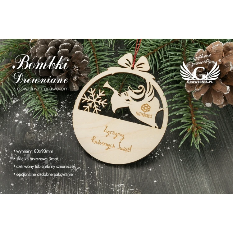 Drewniane bombki choinkowe - wym. 80x93mm - dowolny grawer - BDR017