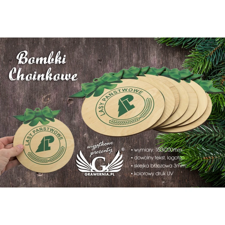 Drewniane bombki choinkowe z dowolnym nadrukiem UV - wym 160x200mm - BDR008
