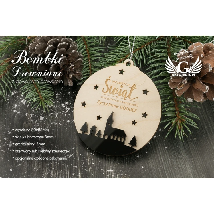 Bombki choinkowe drewno i pleksi - wym. 80x86mm - dowolny grawer - BDR020