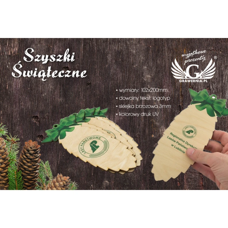Drewniane szyszki świąteczne z dowolnym nadrukiem UV - wym. 102x200mm - BDR007