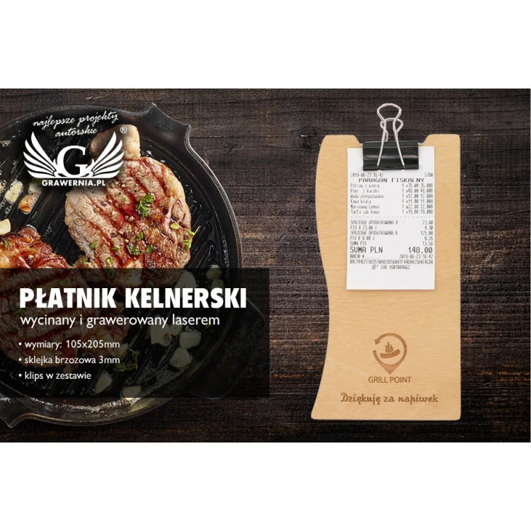 Drewniany płatnik kelnerski - dowolny grawer laserem - MEN018