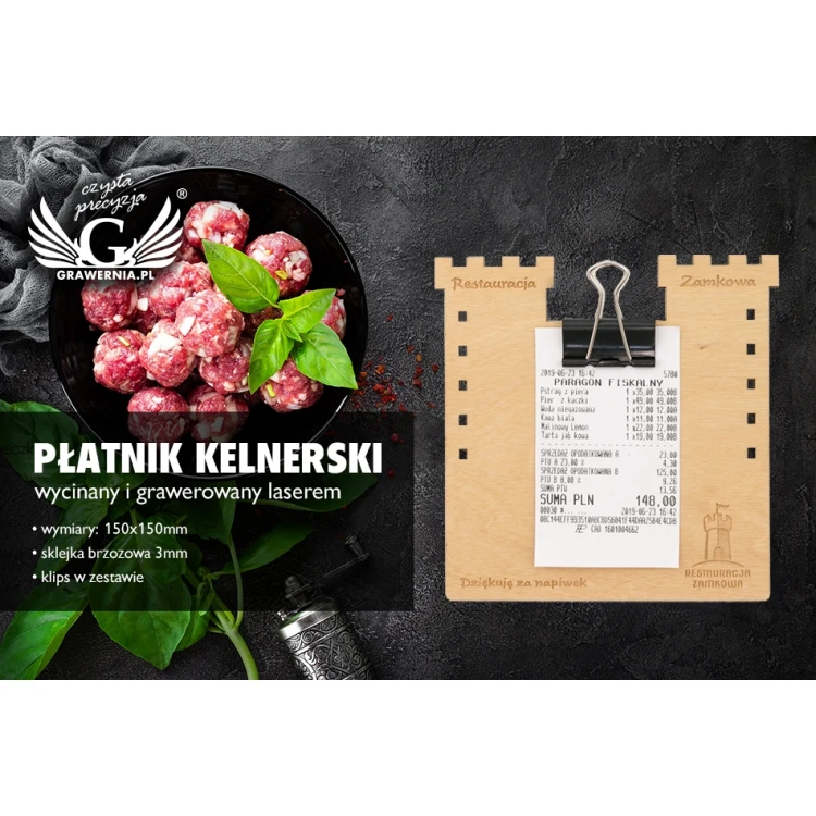 Drewniany płatnik kelnerski - dowolny grawer laserem - MEN019
